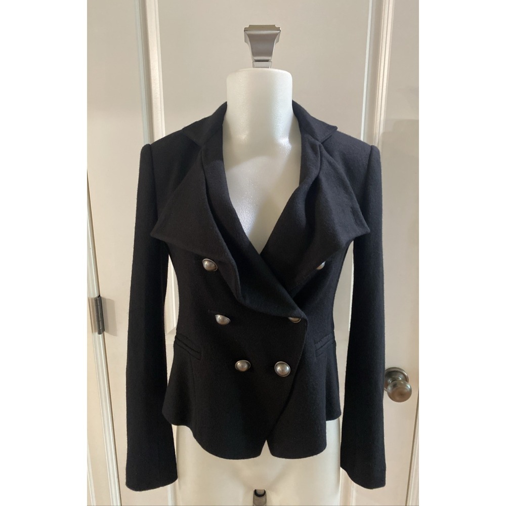 Ann Taylor Petite 2P Black 100% Wool Jacket Double Breasted Blazer Ruffle